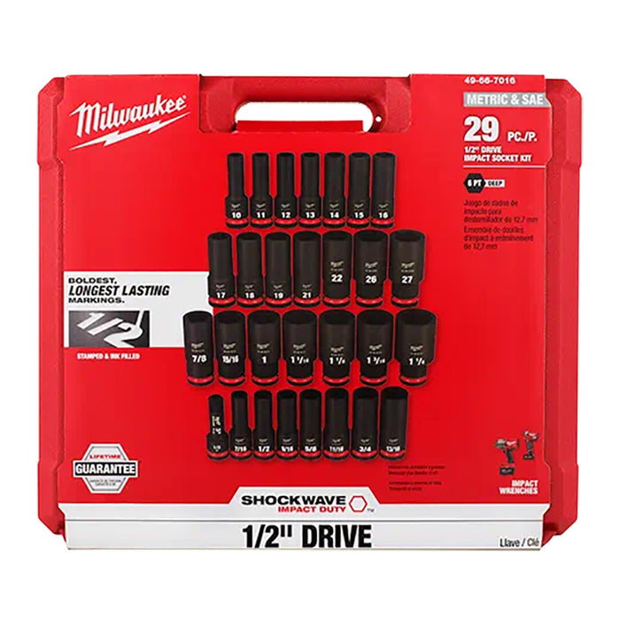 Milwaukee 29 Pc Shockwave Impact Duty 1/2 Drive SAE & Metric Deep 6 Point Socket Set