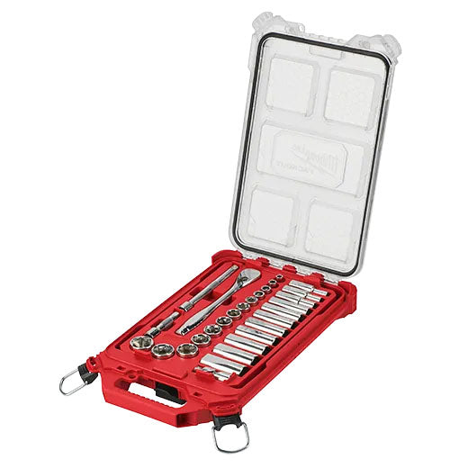 Milwaukee 3/8 Drive 28Pc Ratchet & Socket Set With Packout Low-Profile Compact Organizer - Sae