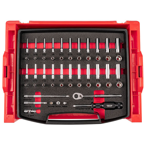 Tekton - 1/4 Inch Drive Shallow And Deep 6-Point And 12-Point Socket And Ratchet Set With Open Top Drawer And Rack 52-Piece (5/32 - 9/16 In.)