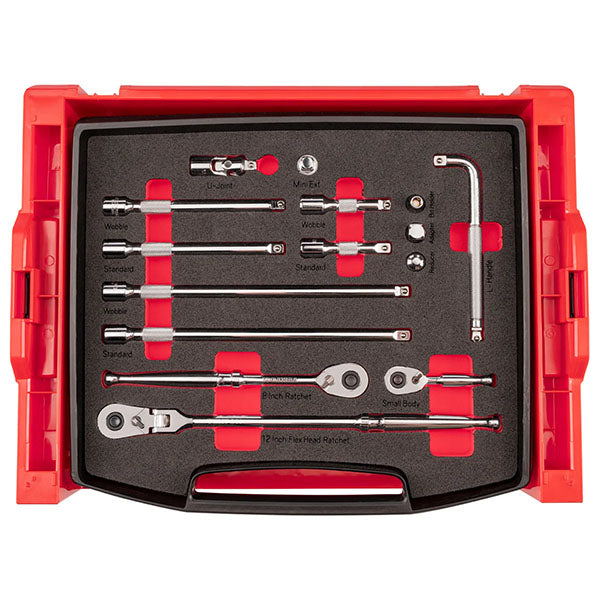 Tekton - 3/8 Inch Drive Ratchet And Accessories Set With Open Top Drawer And Rack (13-Piece)