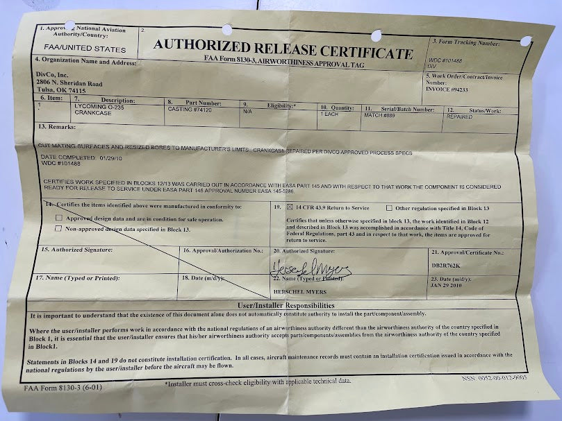 Lycoming O-235-C2C po OVH crankcase engine with Form 8130-3